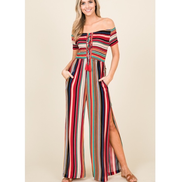 Pants - Multi Color Stripe Smock Jumpsuit Split Leg